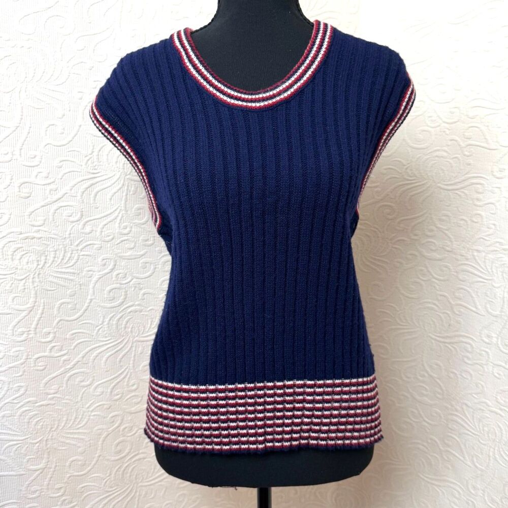 70s Grubb Stuff Robert Bruce Ribbed Knit Sweater Vest Navy Blue Retro Vtg USA